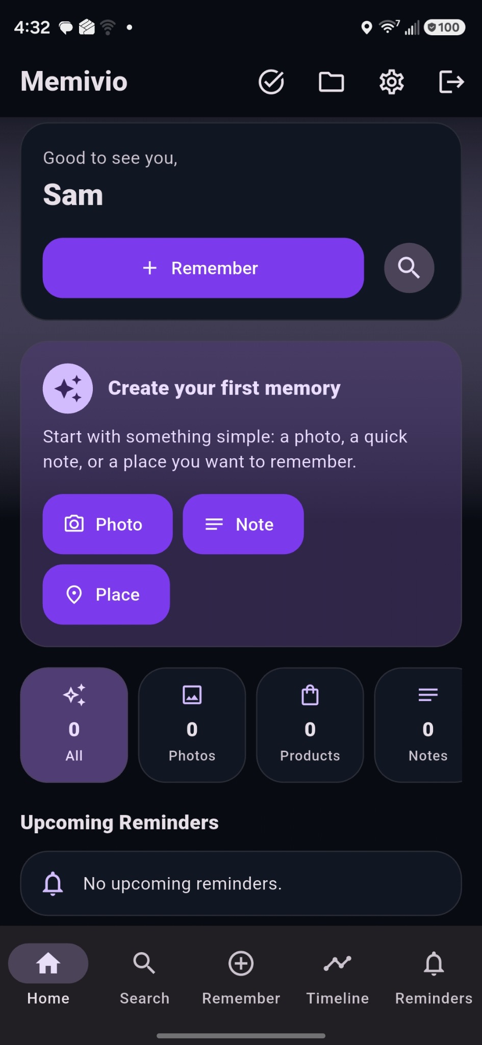 Memivio home screen showing saved memories, reminders, and recent photos