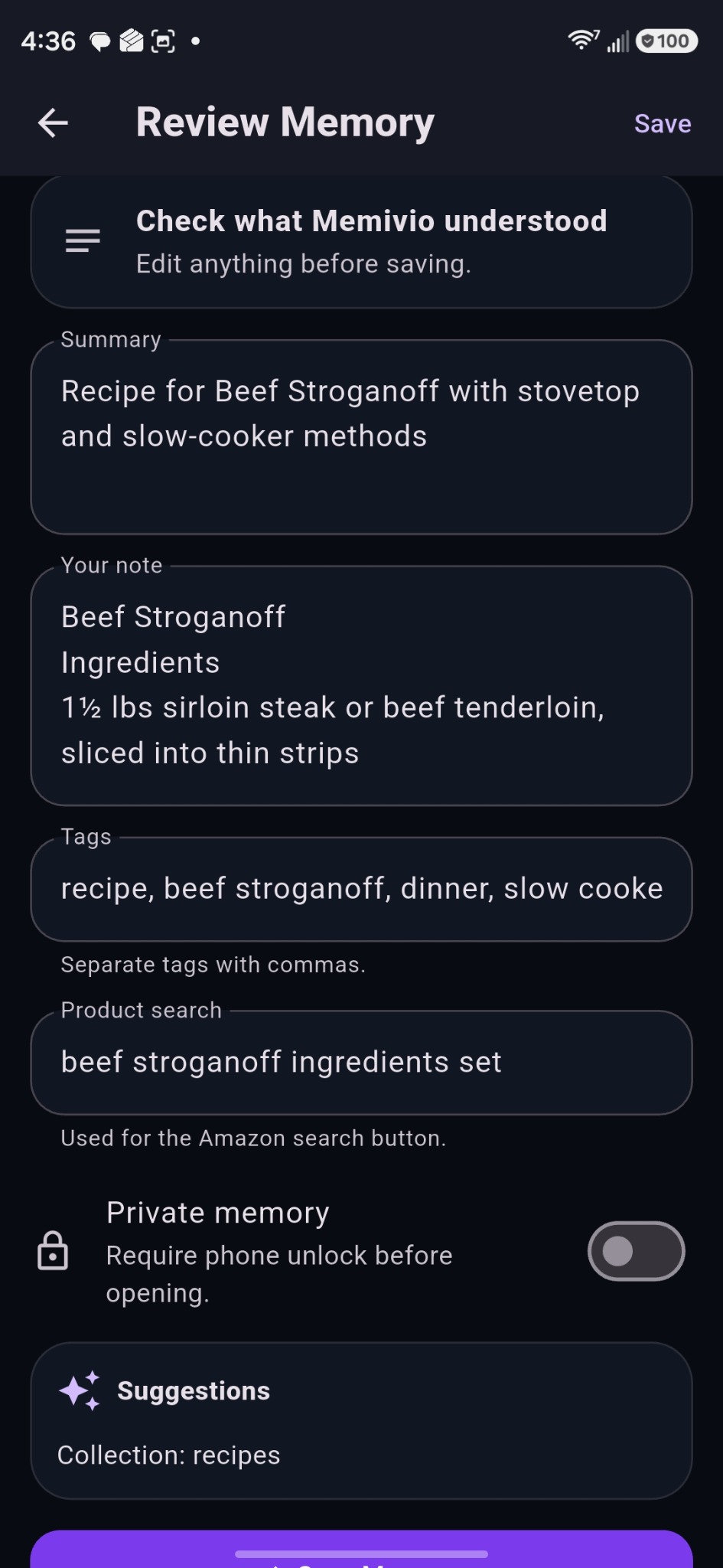 Memivio review memory screen showing the beef Stroganoff recipe summary and tags